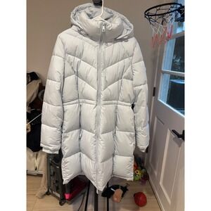 Calvin Klein Womens Ice Blue Long Chevron Puffer Coat Hooded Parka Jacket Large